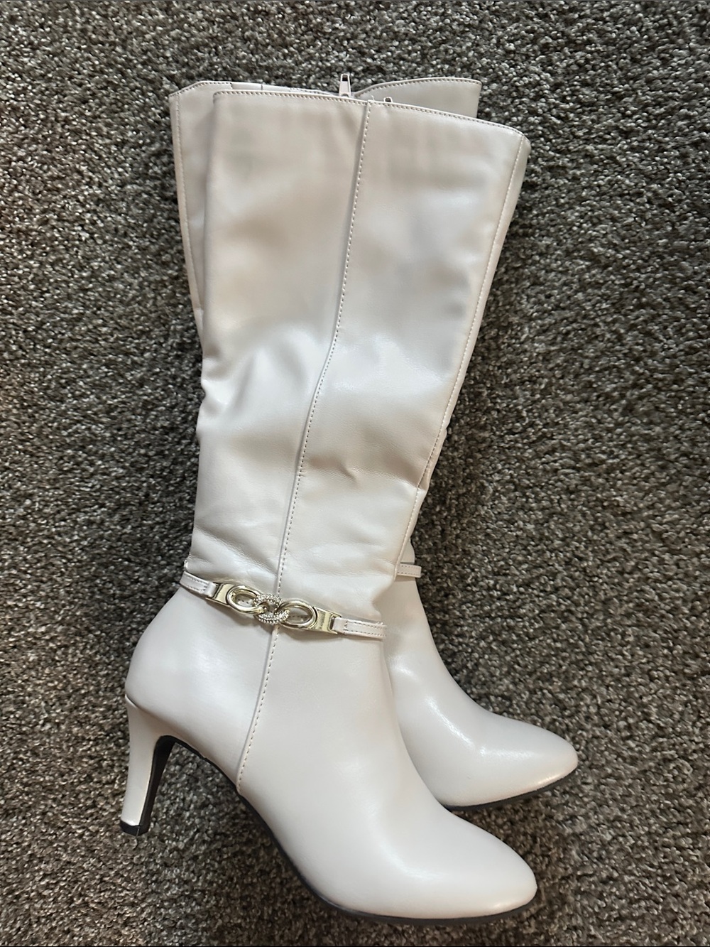 Karen Scott Cream Knee-High Heeled Boots with Gold Accent